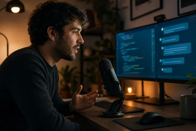 A developer speaking to a desktop microphone beside a code editor and an AI chat panel