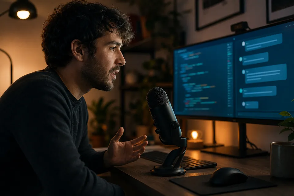 A developer speaking to a desktop microphone beside a code editor and an AI chat panel