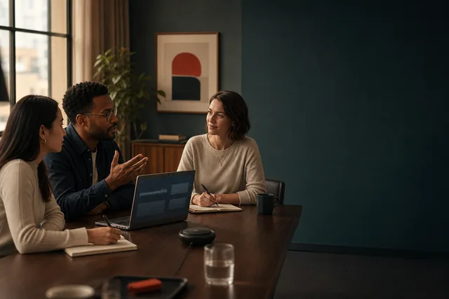 Three colleagues talking around a laptop and a conference microphone
