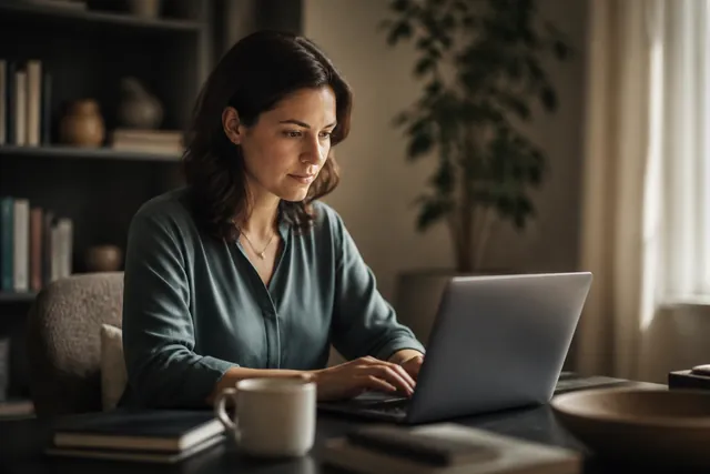 A person working alone on a laptop in a quiet, private home office