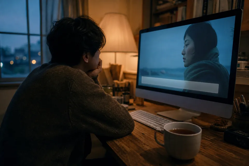 A person watching a foreign-language film on a monitor with a subtitle bar along the bottom of the screen