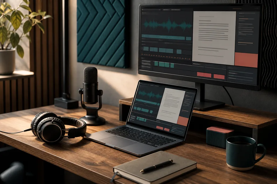 A transcription desk with microphone, headphones, laptop, and audio waveform