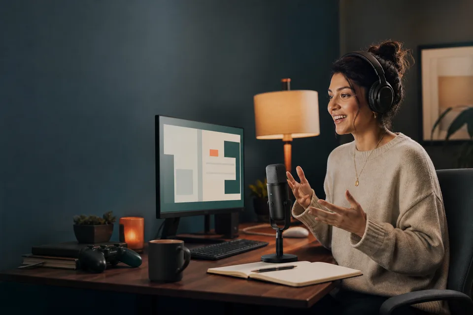 A person speaking into a desktop microphone at a Windows computer
